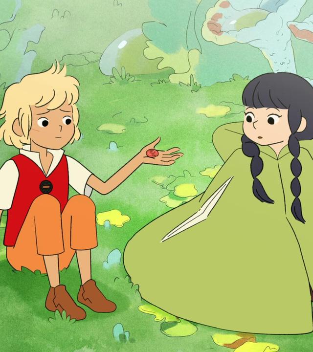 Tobie sitzt auf einer Wiese und streckt seine Hand mit einem kleinen roten Stein oder Schneckenhaus der erstaunten Elisha hin. Sie sitzt mit einem ausgebreiteten Umhang und Zöpfen neben ihm. Sie scheint erschrocken.