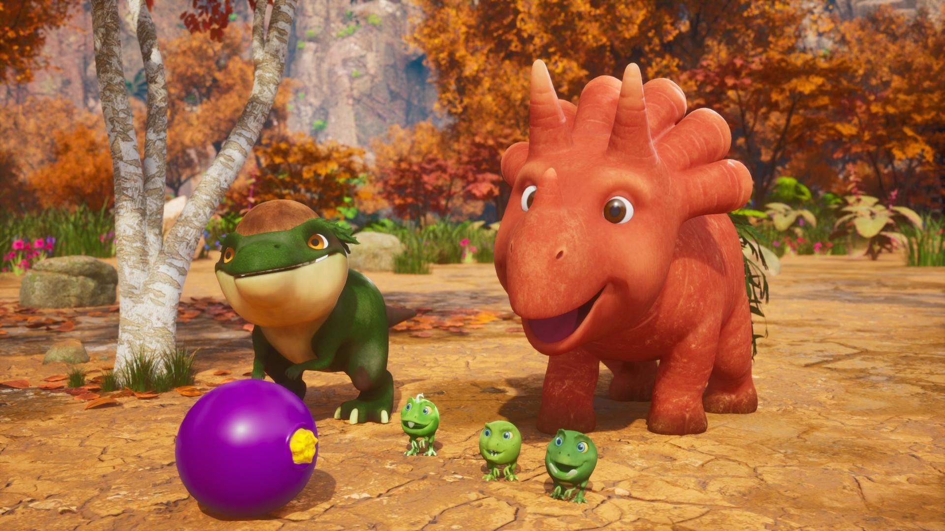 Das Trikarottops-Mädchen Ginger, ihre drei Erbs-Rex-Freunde und ein Avocadodon rennen einer lilafarbenen Beere hinterher. Im Hintergrund ist ein Wald zu sehen.