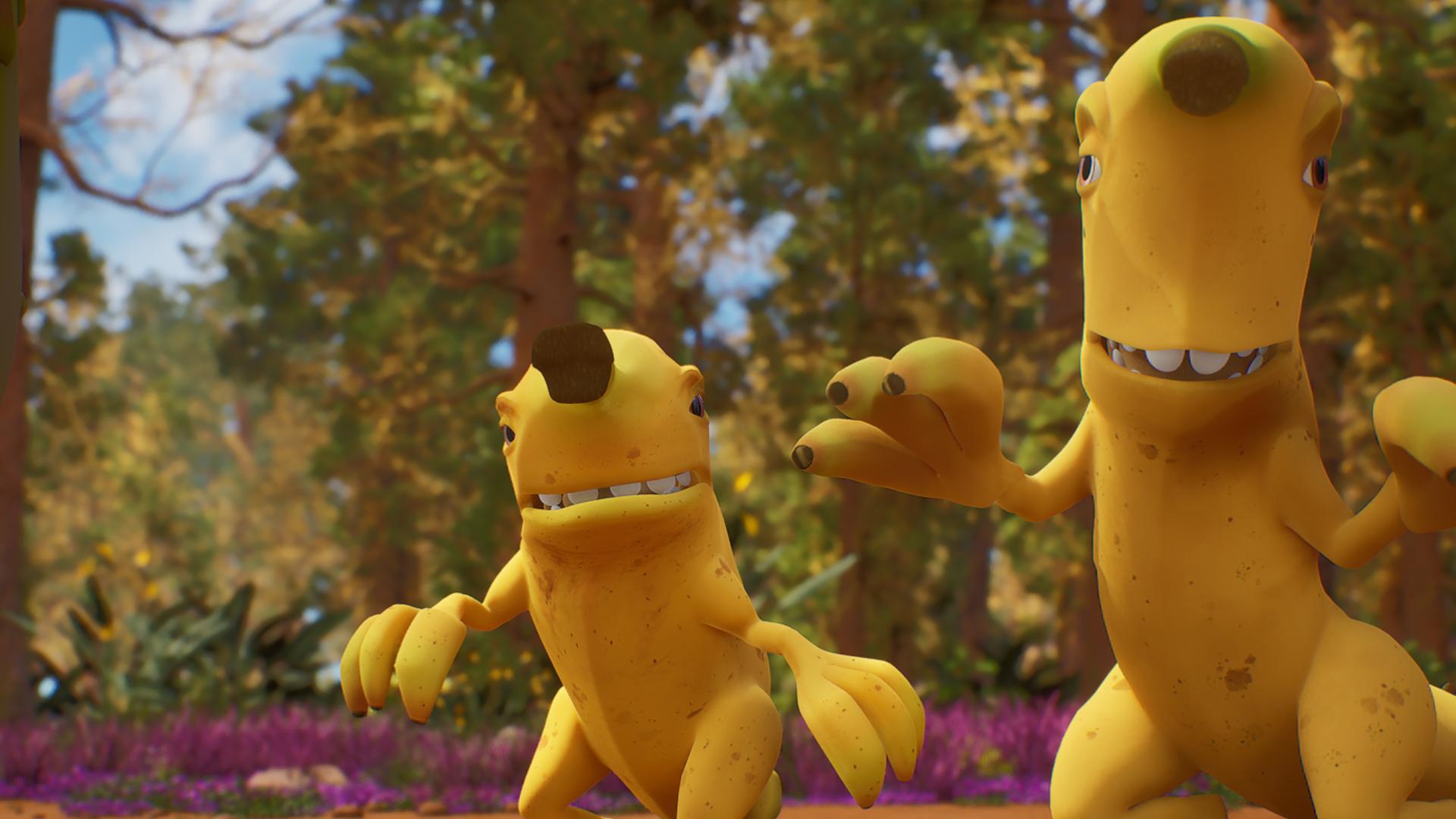 Der kleine und der große gelbe Bananaraptor schauen grimmig und mit erhobenen Klauen nach Ginger und ihren Erbs-Rex-Freunden.