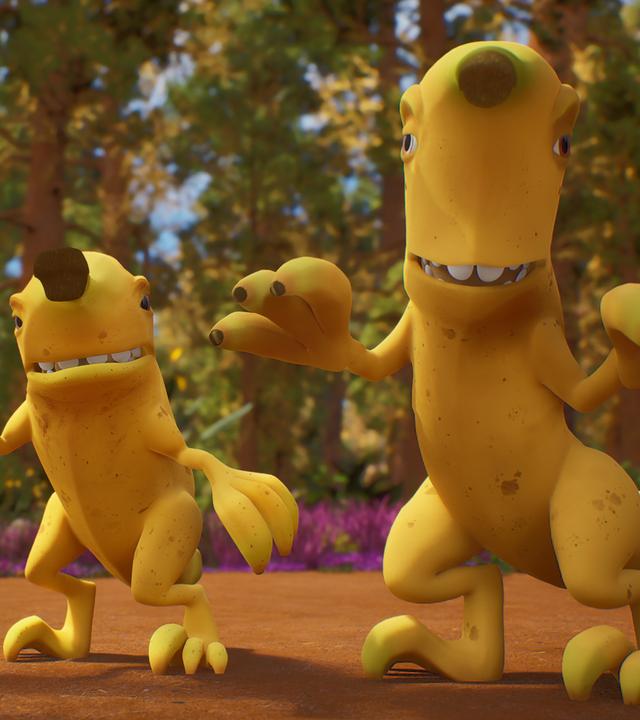 Der kleine und der große gelbe Bananaraptor schauen grimmig und mit erhobenen Klauen nach Ginger und ihren Erbs-Rex-Freunden.