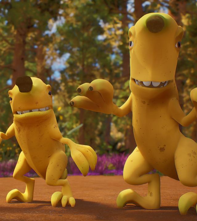 Der kleine und der große gelbe Bananaraptor schauen grimmig und mit erhobenen Klauen nach Ginger und ihren Erbs-Rex-Freunden.
