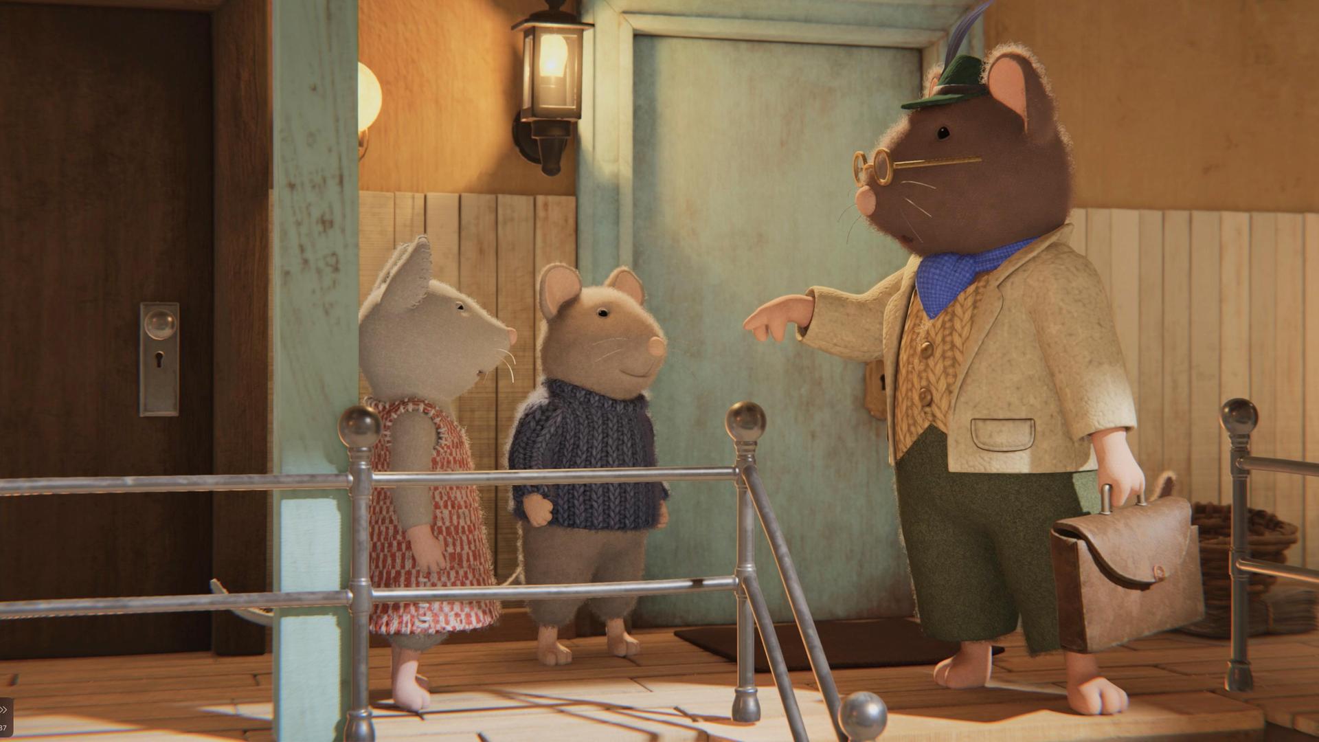 Herr Grummel steht im Treppenhaus des Mäusehauses vor zwei Wohnungstüren, vor ihm stehen Sam und Julia. Herr Grummel steht dicht vor den Stufen, die hinabführen, und deutet mit dem Zeigefinger seiner rechten Hand auf Sam.