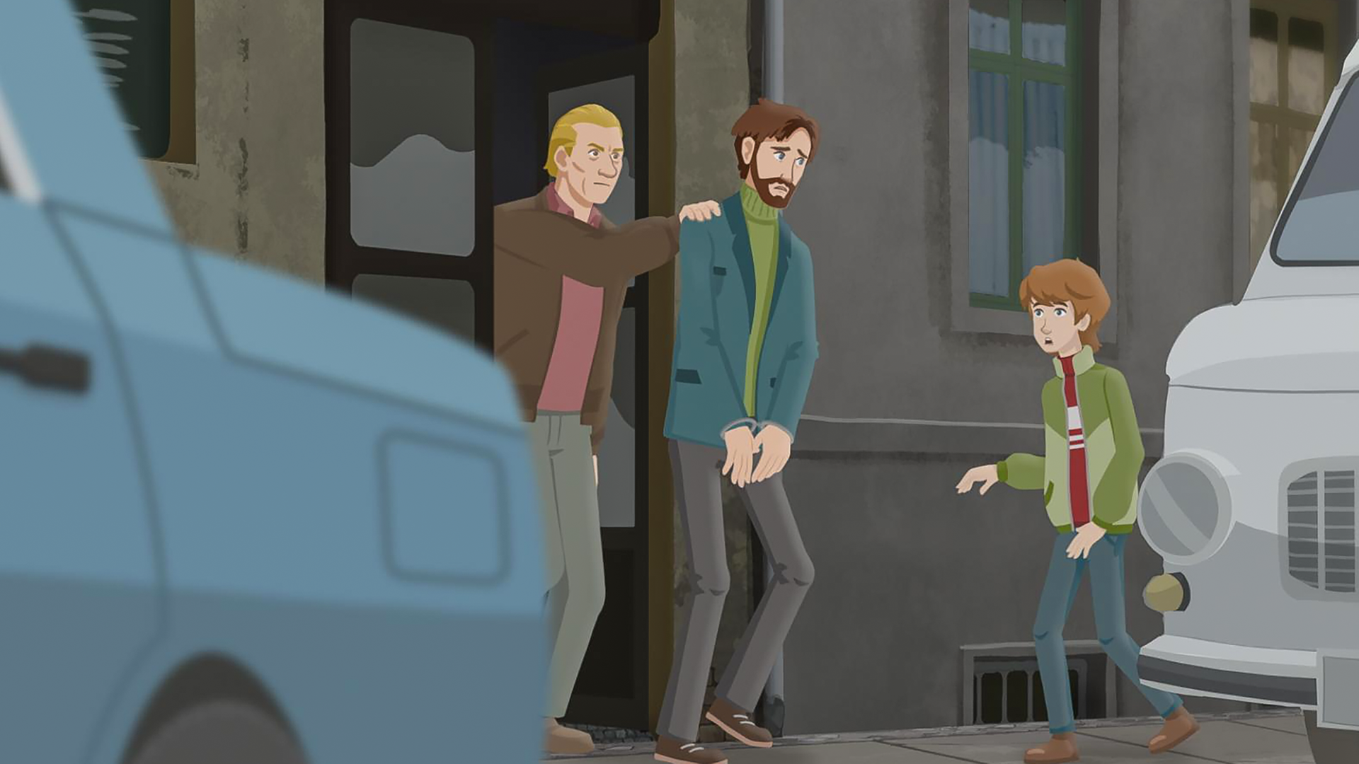 Ein Stasimitarbeiter und Onkel Henri verlassen das Haus. Der Stasimitarbeiter hält seinen Gefangenen an der Schulter fest. Onkel Henri ist mit Handschellen gefesselt. Paul beobachtet das erschreckt.