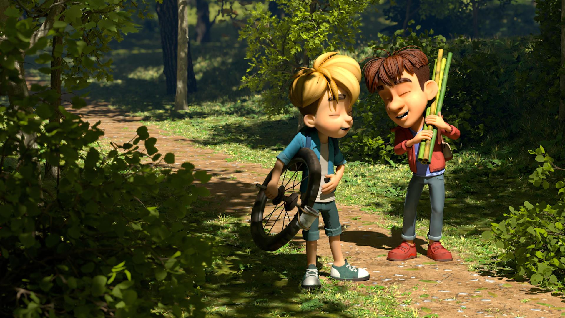 Raphael und Hase sind gemeinsam auf einem Waldweg unterwegs und sind bestens gelaunt. Raphael hat ein Rad seines Fahrrades unter dem Arm, während Hase einige Bambusstäbe geschultert hat.
