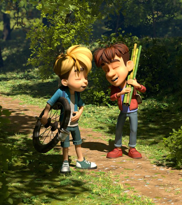 Raphael und Hase sind gemeinsam auf einem Waldweg unterwegs und sind bestens gelaunt. Raphael hat ein Rad seines Fahrrades unter dem Arm, während Hase einige Bambusstäbe geschultert hat.