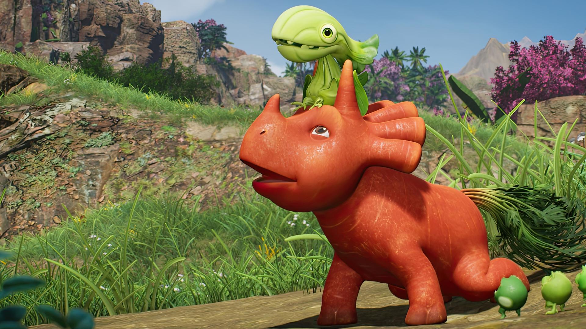 Vor einer Berglandschaft: Ginger, das orangefarbene Karotten-Dinosaurier-Mädchen, trägt auf ihrem Kopf das Baby eines Pakchoidactylus. Ginger versucht, den grünen Baby-Dino zum Losfliegen zu bewegen. Die drei Erbs-Rexe schauen dabei zu.