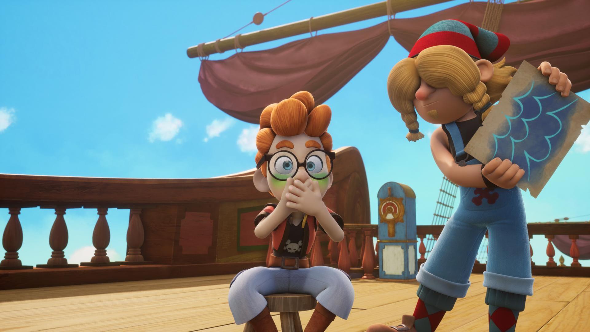 An Deck des Schiffes sitzt auf einem Hocker Alexander und hält sich mit beiden Händen den Mund zu. Sein Gesicht ist grün und die Augen weit aufgerissen. Neben ihm steht Bart Fischkopp mit einer Landkarte.