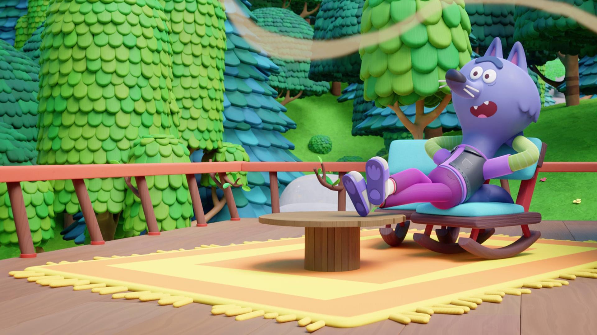 In einem Schaukelstuhl liegend, die Füße auf dem davorstehenden, runden Beistelltischchen, sitzt der lilafarbene Wolf Wilf. Er hat die Arme hinter dem Kopf verschränkt und scheint gerade jetzt den Kuchenduft zu bemerken, der wellenförmig durchs Bild weht. Er sitzt auf seiner Terrasse mit einem gelben Teppich, im Hintergrund sehen wir einen Wald mit grünen und bläulichen Bäumen.