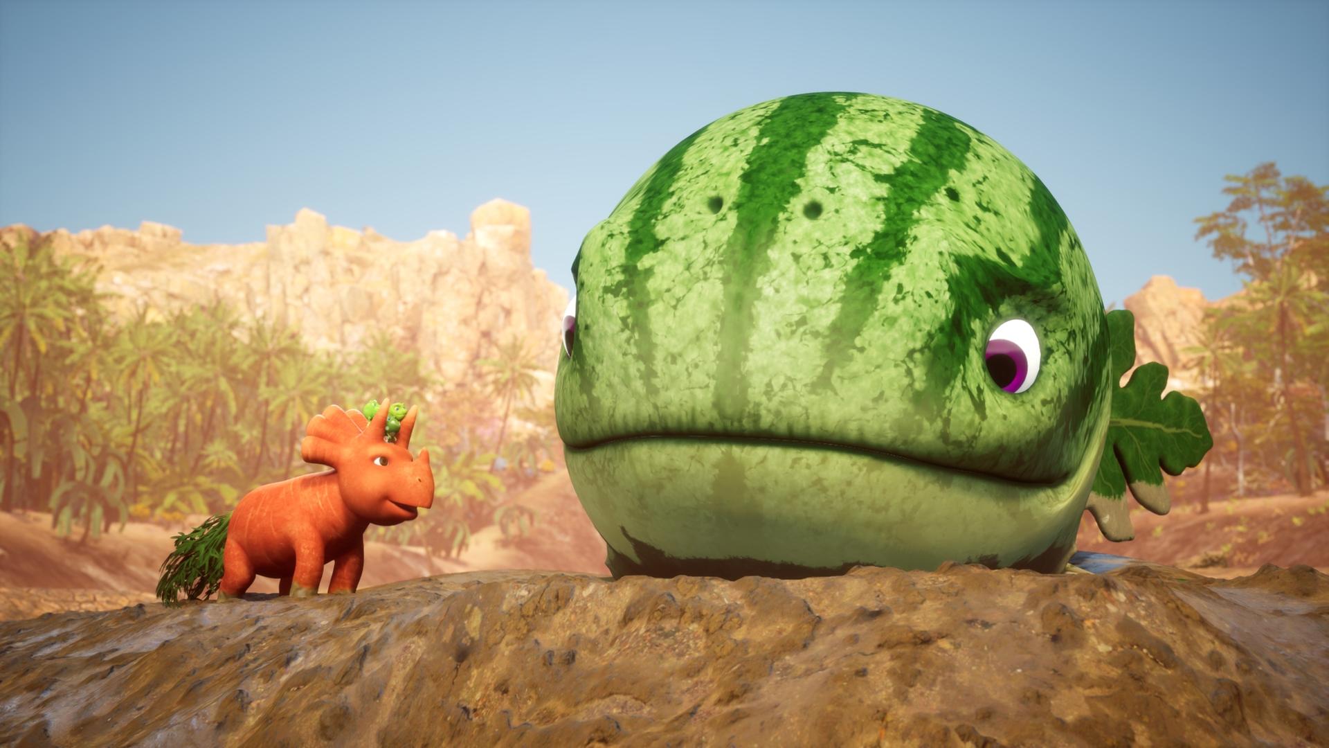 Auf einer matschigen Anhöhe sehen wir eine riesige Wassermelone mit Gesicht. Es ist ein sogenannter Melonensuchus. Ginger, die neben ihm steht, wirkt dagegen klein. Ginger ist ein Dinosaurier, der aussieht wie eine Karotte.