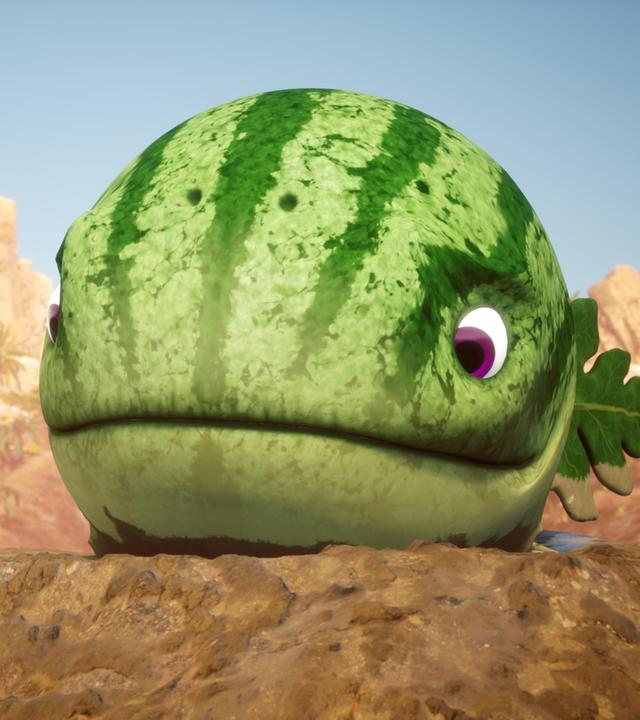 Auf einer matschigen Anhöhe sehen wir eine riesige Wassermelone mit Gesicht. Es ist ein sogenannter Melonensuchus. Ginger, die neben ihm steht, wirkt dagegen klein. Ginger ist ein Dinosaurier, der aussieht wie eine Karotte.