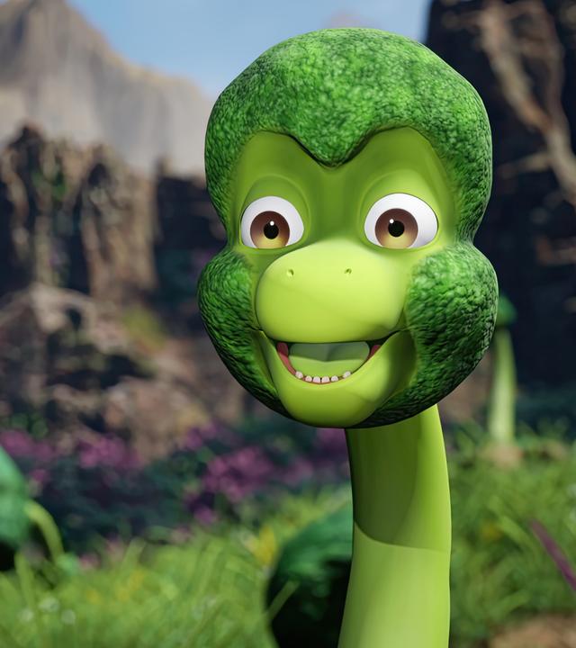 Der große, grüne Kopf eines Brokkolisauriers, der aussieht wie ein Brokkoli-Röschen, schaut vergnügt.