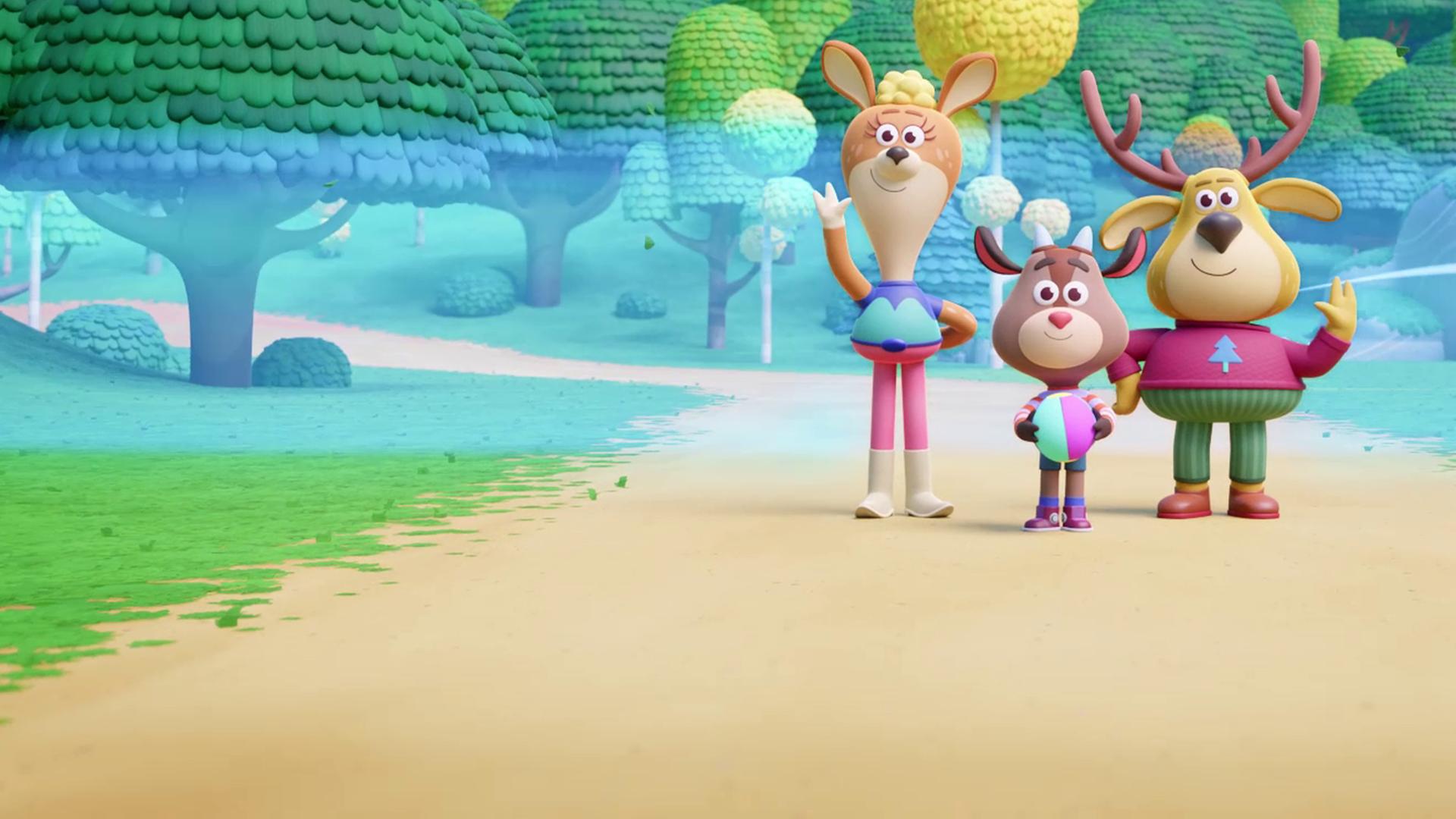 Die Hirscheltern Dana und Fred stehen links und rechts von Kris, dem Ziegenjungen, auf einem Weg und winken. Kris hat einen Ball in beiden Händen. Alle lächeln. Im Hintergrund sind Bäume und Sträucher zu sehen.