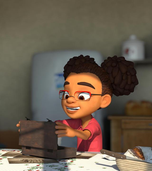 Lina sitzt bei Bauer Ludwig in der Stube am Küchentisch und blickt fasziniert in eine geöffnete Schatulle. Bauer Ludwig steht neben ihr.