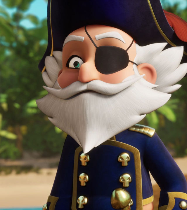 Am Strand steht ein alter Pirat in Uniform und Dreispitz-Hut. Vor seinem linken Auge ist eine schwarze Augenklappe.