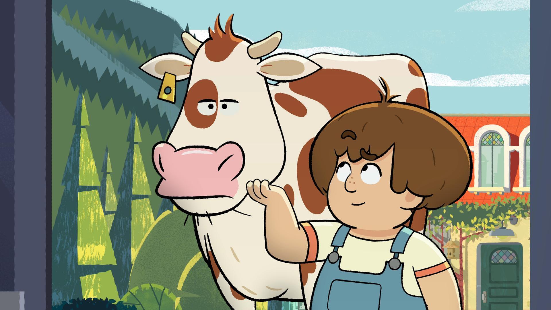 Ein Junge läuft lächelnd neben einer großen Kuh und führt sie am Hals haltend. Der Junge trägt eine blaue Latzhose. Die Kuh heißt Paula und sieht krank und unzufrieden aus.