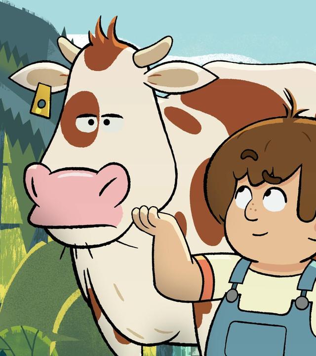 Ein Junge läuft lächelnd neben einer großen Kuh und führt sie am Hals haltend. Der Junge trägt eine blaue Latzhose. Die Kuh heißt Paula und sieht krank und unzufrieden aus.