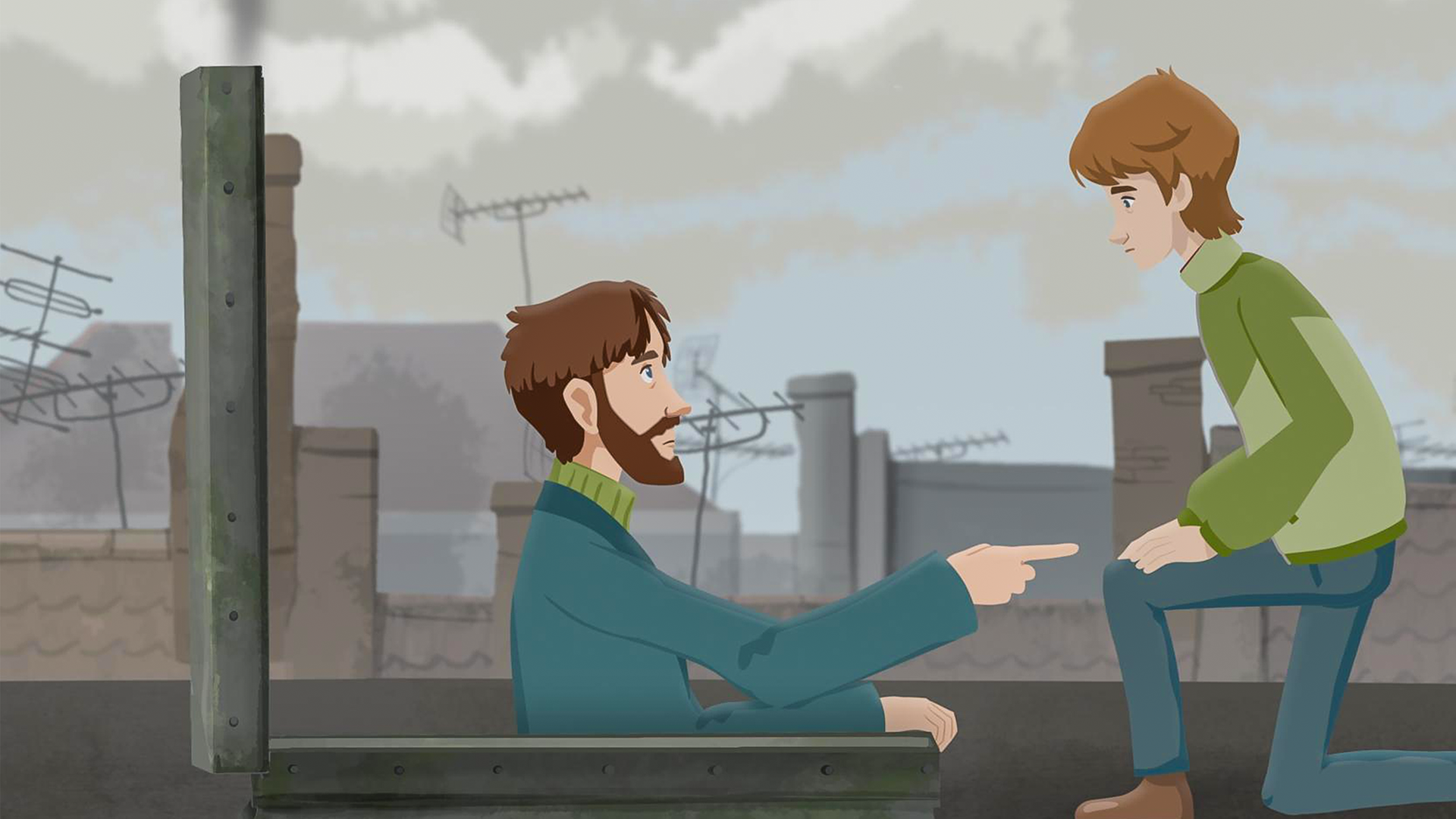 Onkel Paul schaut aus einer Dachluke heraus und zeigt Paul die Richtung, in die er gehen muss. Paul kniet vor ihm auf dem Dach des Hauses. Er sieht besorgt aus.