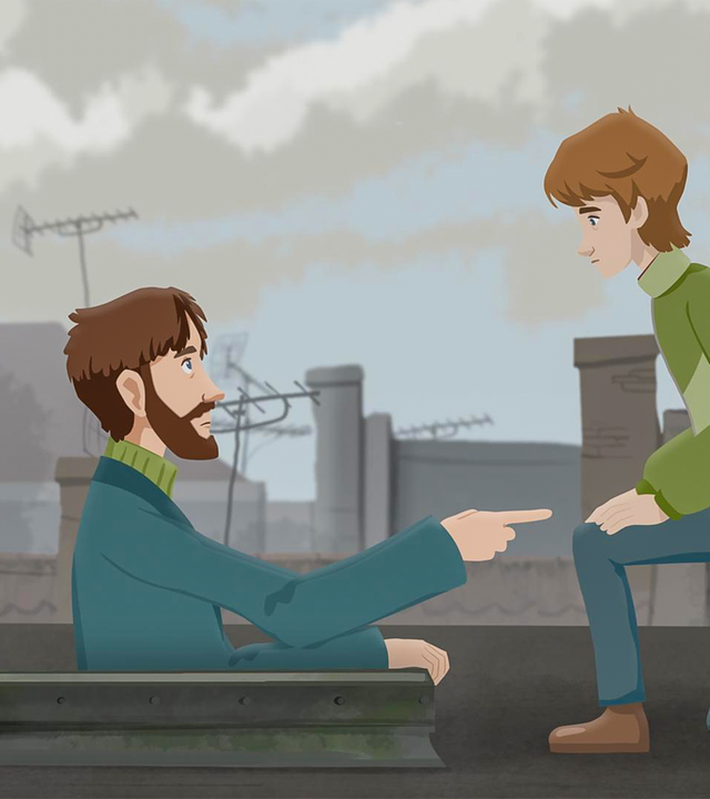 Onkel Paul schaut aus einer Dachluke heraus und zeigt Paul die Richtung, in die er gehen muss. Paul kniet vor ihm auf dem Dach des Hauses. Er sieht besorgt aus.