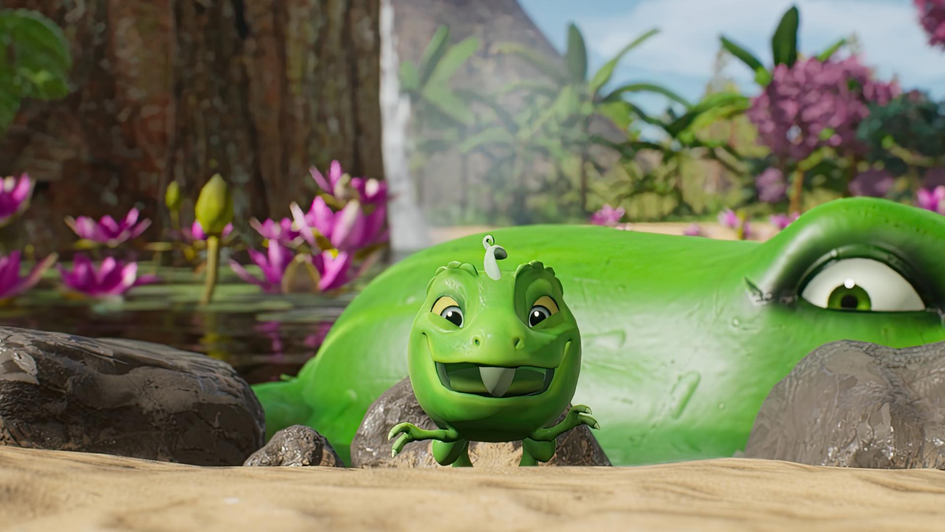 Der grüne Erbs-Rex Split versteckt sich vor einem grünen Hintergrund und glaubt sich sicher getarnt. Doch das Grün hat ein Auge und ist ein sogenanntes Gurkodil - eine Mischung aus Gurke und Krokodil.