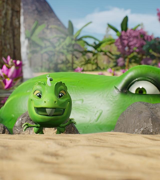 Der grüne Erbs-Rex Split versteckt sich vor einem grünen Hintergrund und glaubt sich sicher getarnt. Doch das Grün hat ein Auge und ist ein sogenanntes Gurkodil - eine Mischung aus Gurke und Krokodil.