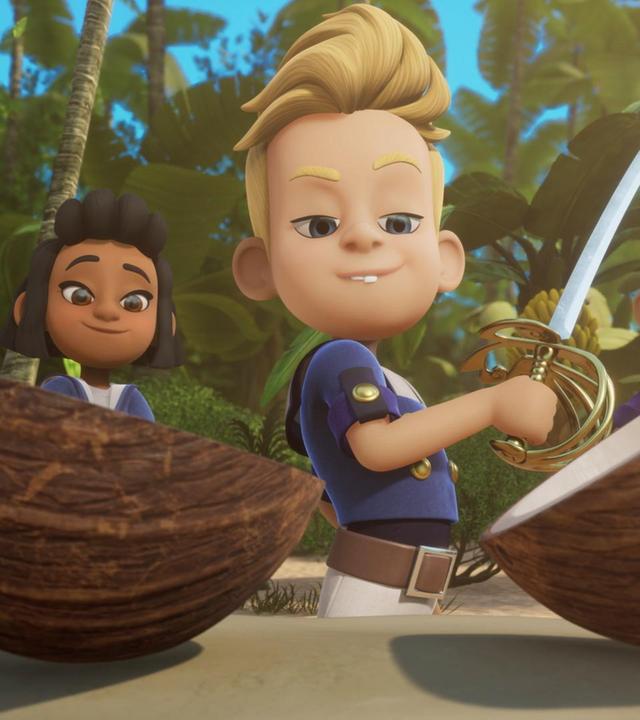 Am Strand sind die Zwillinge Gustav und Alina sowie Dolores. Gustav hält sein Schwert erhoben in der rechten Hand. Vor ihm liegen zwei Kokosnusshälften. Dolores und Alina stehen hinter ihm und schauen zufrieden.