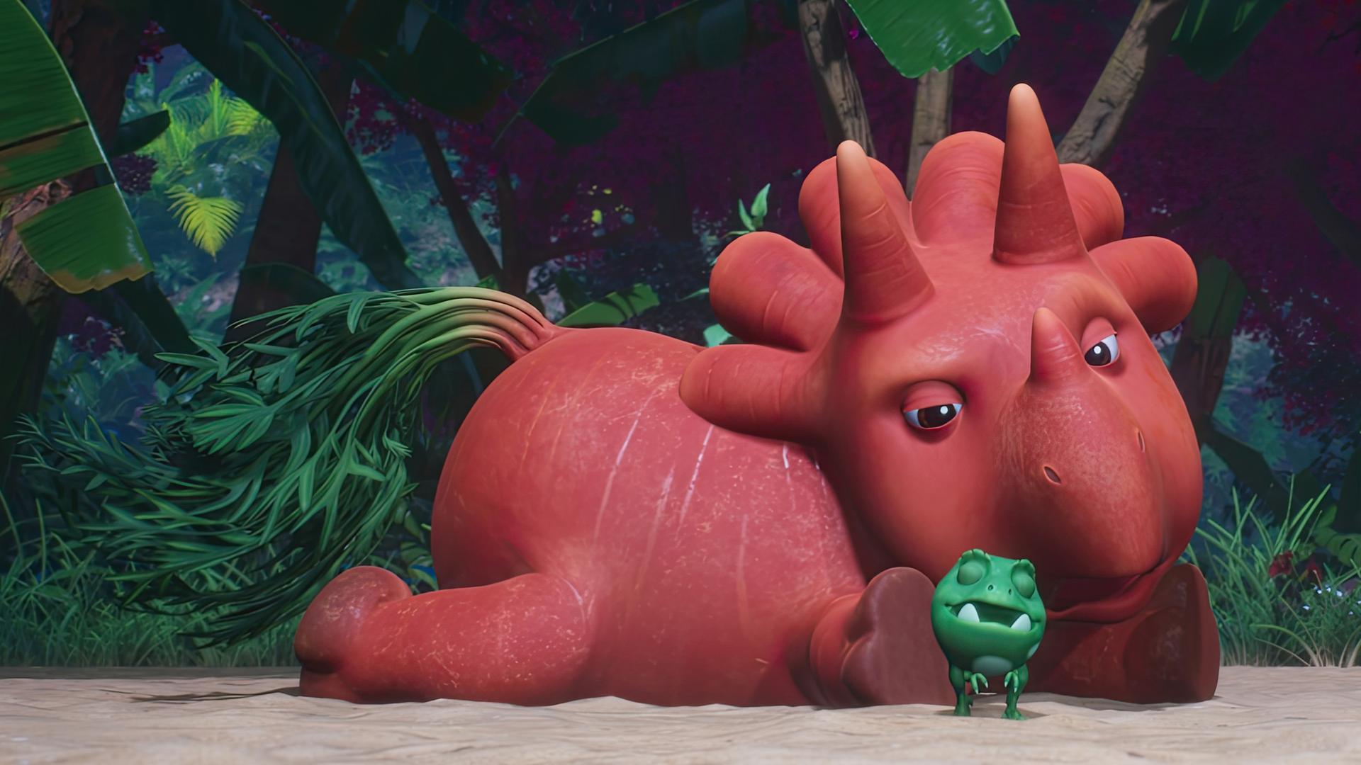 Ginger, das orangefarbene Trikarottops-Mädchen, hat alle Viere von sich gestreckt und schaut müde auf einen der Erbs-Rexe.