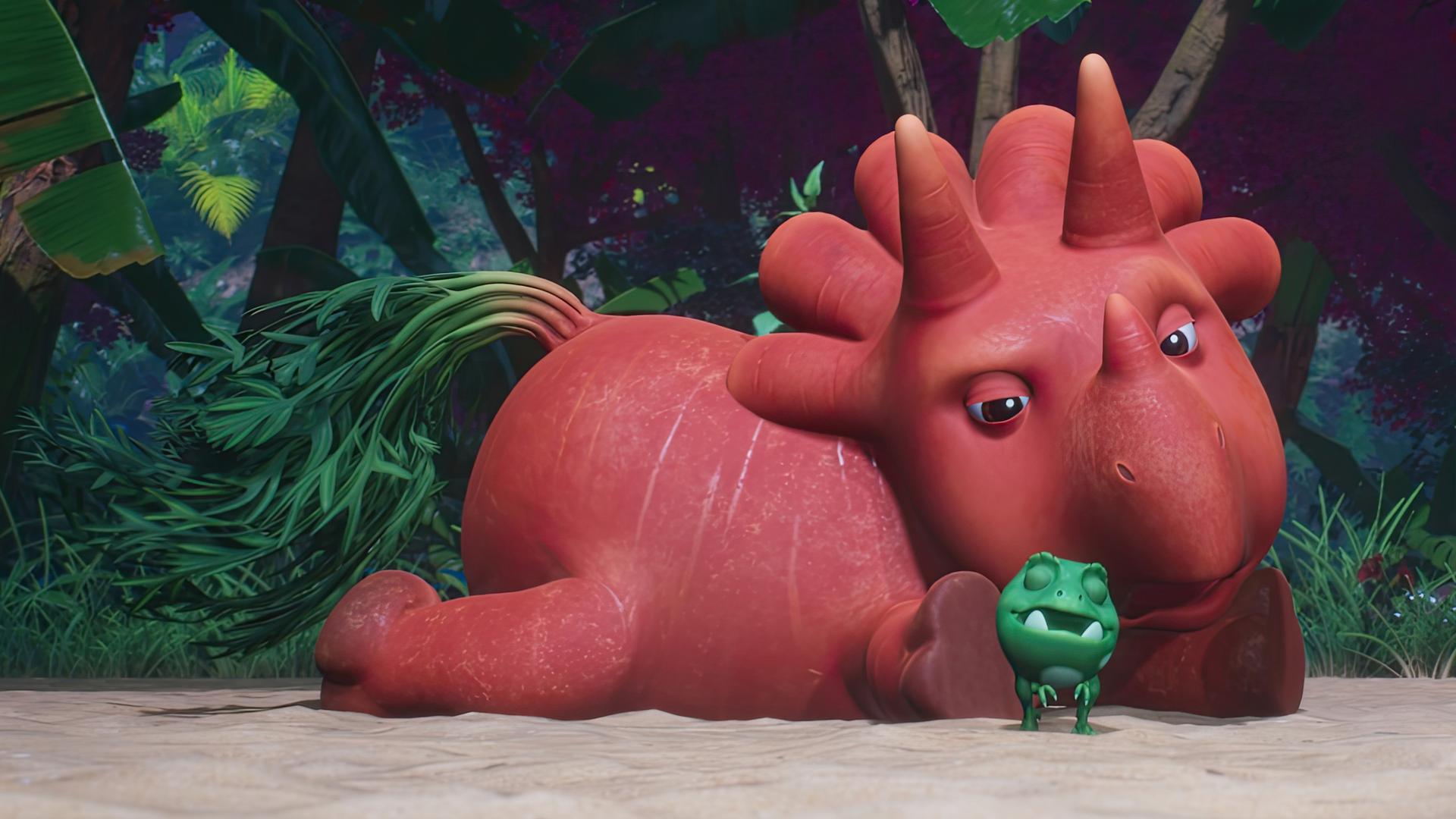 Ginger, das orangefarbene Trikarottops-Mädchen, hat alle Viere von sich gestreckt und schaut müde auf einen der Erbs-Rexe.