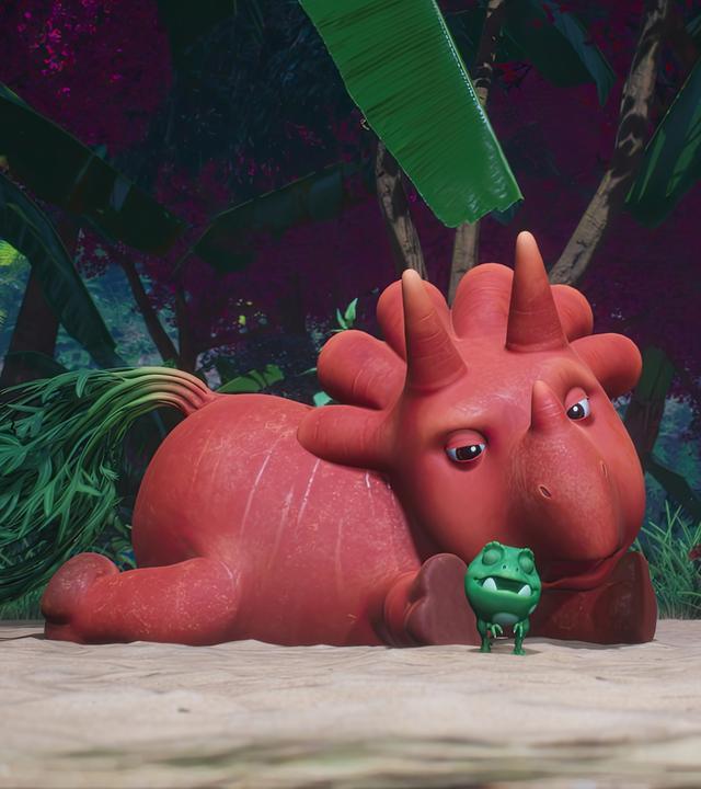 Ginger, das orangefarbene Trikarottops-Mädchen, hat alle Viere von sich gestreckt und schaut müde auf einen der Erbs-Rexe.