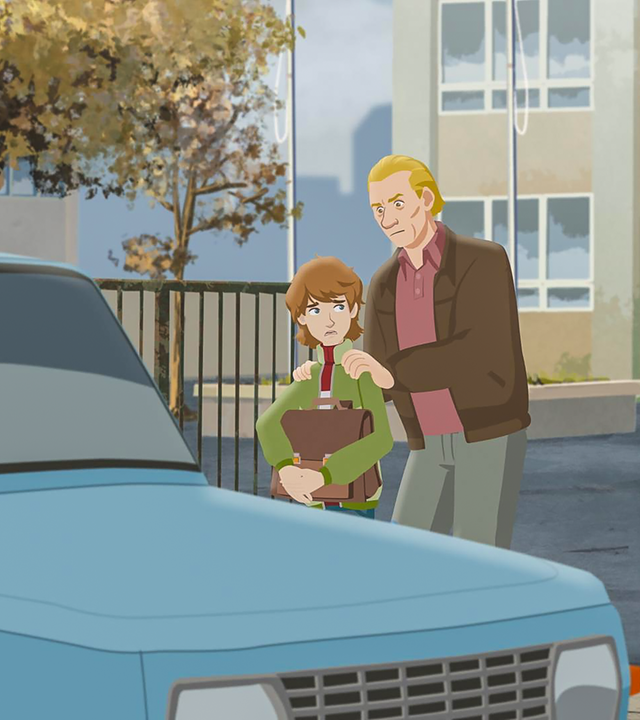 Paul hält seine Schultasche vor sich und schaut ängstlich. Ein entschlossen blickender Mann hat ihn von hinten an beiden Schultern gepackt und schiebt ihn in Richtung eines blauen Autos.