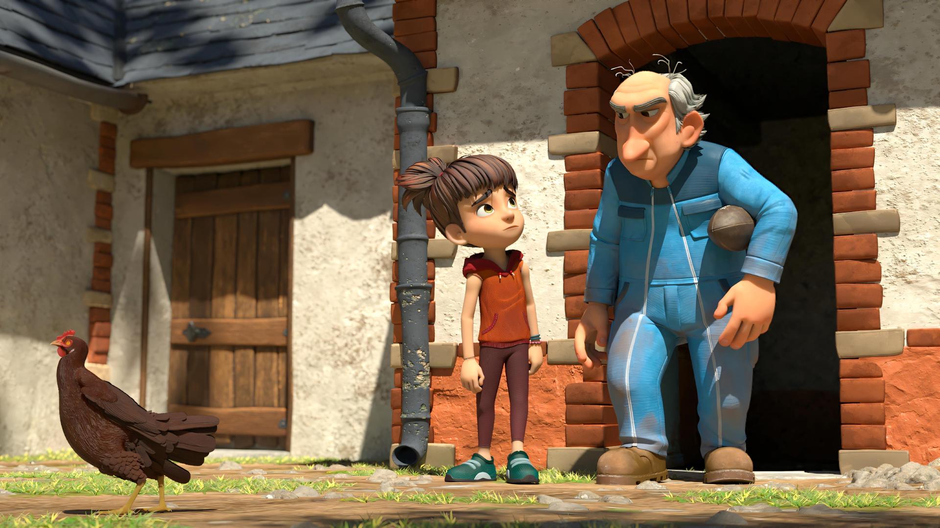 Bohnenstange steht neben Bauer Ludwig vor dessen Haus. Bauer Ludwig fixiert Bohnenstange mit grimmiger Miene. Unter seinem Arm hat er den Rugbyball von Bohnenstange. Ein Huhn läuft seitlich auf der spärlichen Wiese.