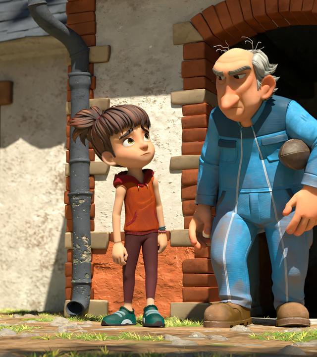 Bohnenstange steht neben Bauer Ludwig vor dessen Haus. Bauer Ludwig fixiert Bohnenstange mit grimmiger Miene. Unter seinem Arm hat er den Rugbyball von Bohnenstange. Ein Huhn läuft seitlich auf der spärlichen Wiese.