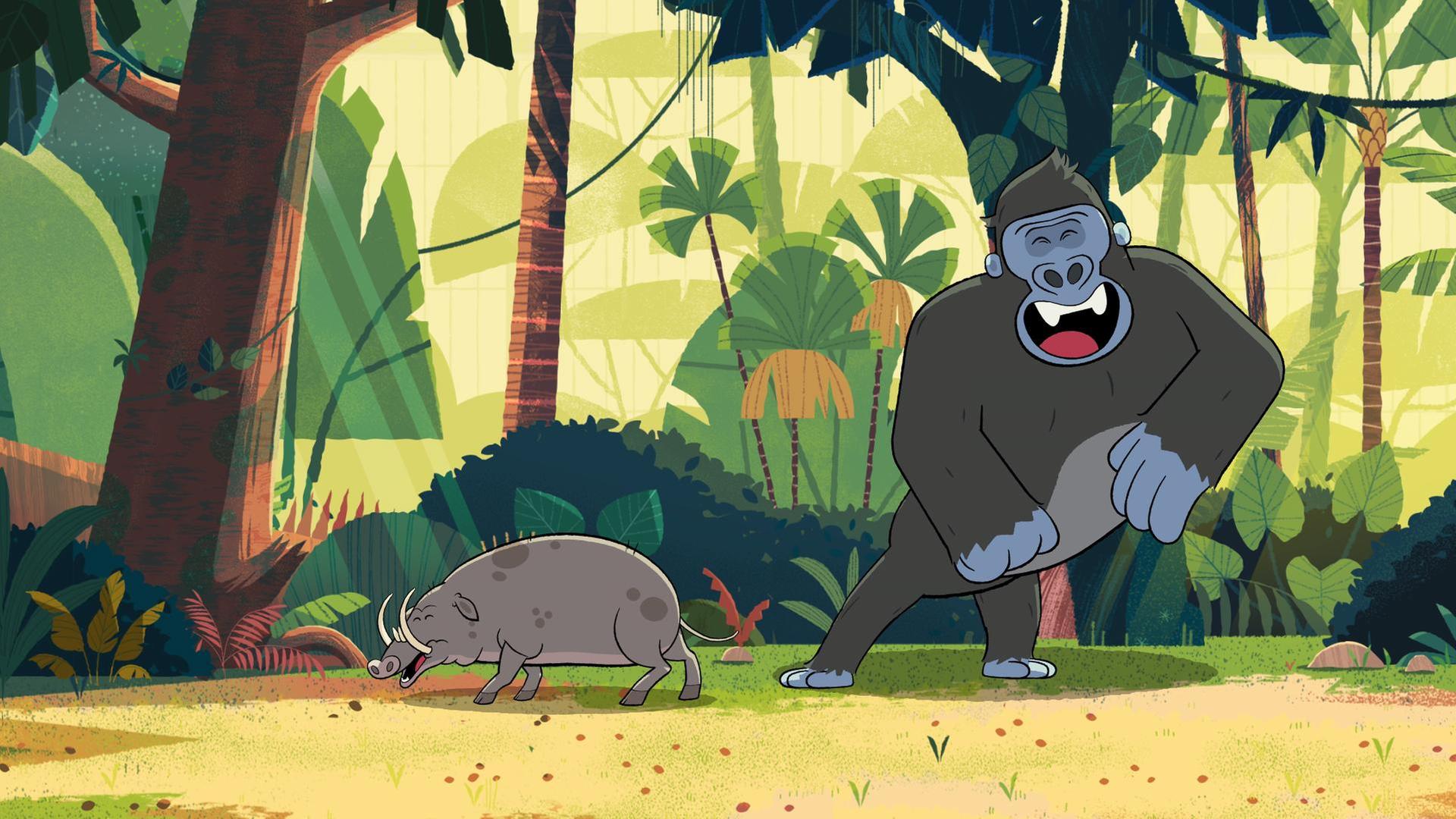 Hirschebermännchen Jojo ist wieder da und Gorilla Jack freut sich sehr darüber und lacht.