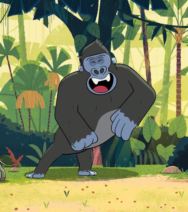 Hirschebermännchen Jojo ist wieder da und Gorilla Jack freut sich sehr darüber und lacht.