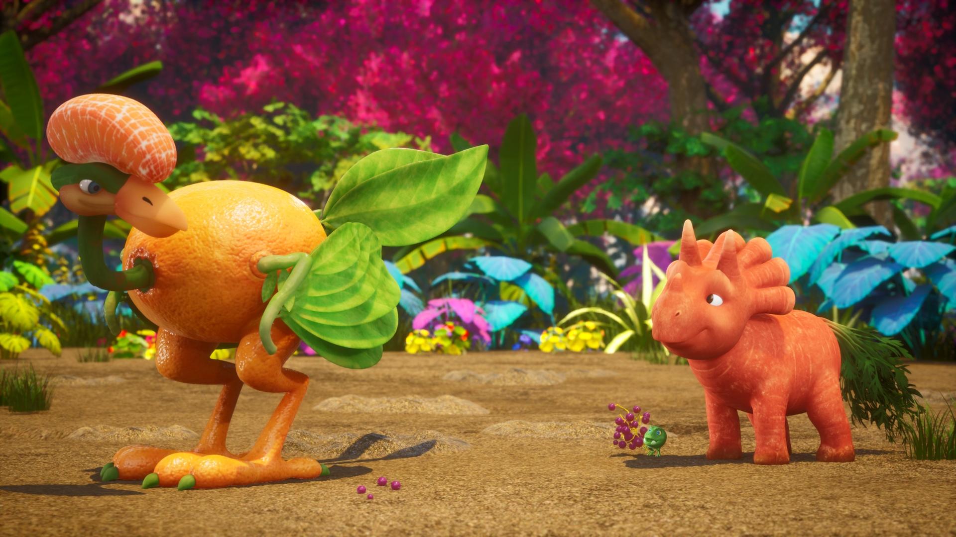 In einem bunten Wald, auf dessen Boden einige runde Löcher sind, sehen wir einen sogenannten Mandarinteryx. Er schaut sich um zu Ginger, die hinter ihm steht. Ginger ist ein Dinosaurier, der aussieht wie eine Karotte. Der Mandarinteryx ähnelt einem urzeitlichen Vogel in Form einer Mandarine. Die Flügel des Vogels sind Mandarinenblätter.