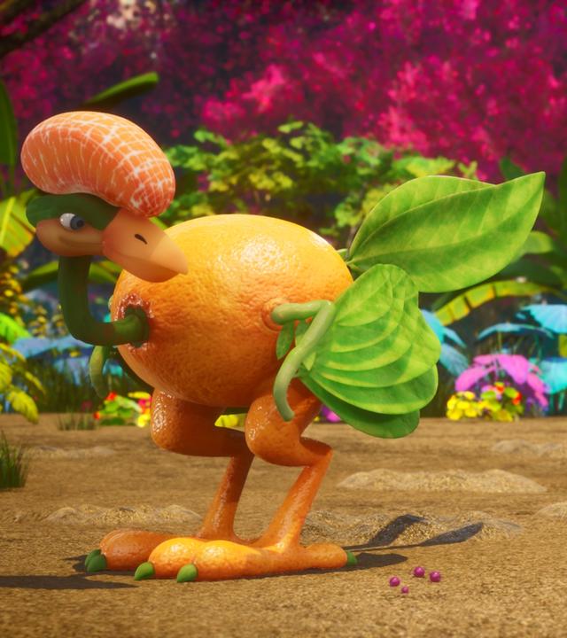 In einem bunten Wald, auf dessen Boden einige runde Löcher sind, sehen wir einen sogenannten Mandarinteryx. Er schaut sich um zu Ginger, die hinter ihm steht. Ginger ist ein Dinosaurier, der aussieht wie eine Karotte. Der Mandarinteryx ähnelt einem urzeitlichen Vogel in Form einer Mandarine. Die Flügel des Vogels sind Mandarinenblätter.