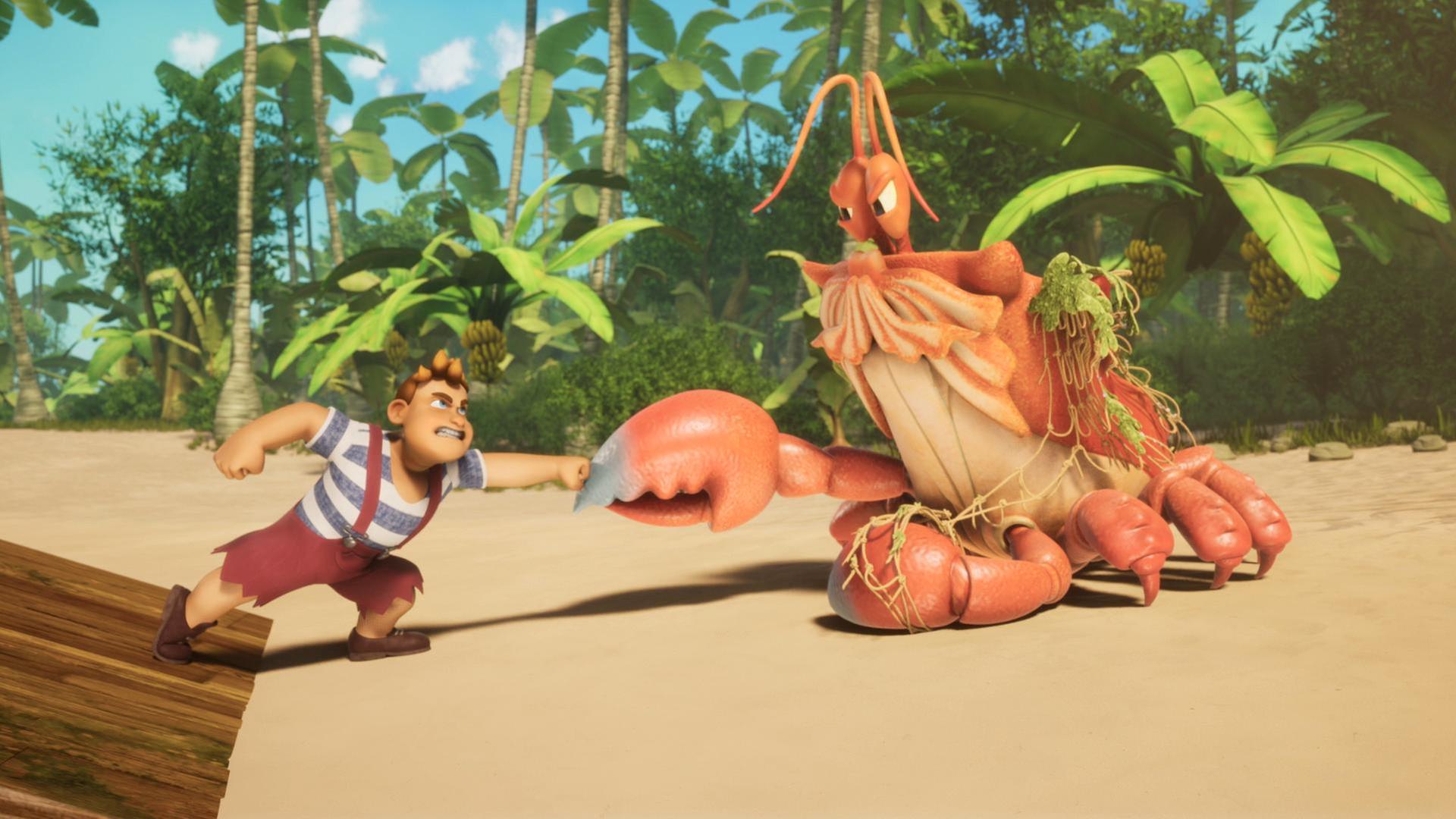 Am Strand kämpft Conan mit seinen Fäusten gegen die große Krabbe. Hinter der Krabbe stehen viele Palmen.