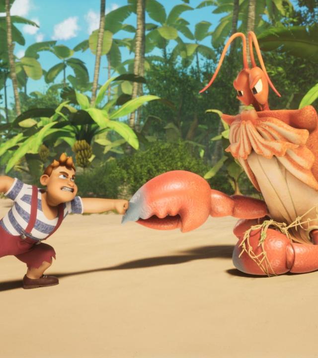 Am Strand kämpft Conan mit seinen Fäusten gegen die große Krabbe. Hinter der Krabbe stehen viele Palmen.