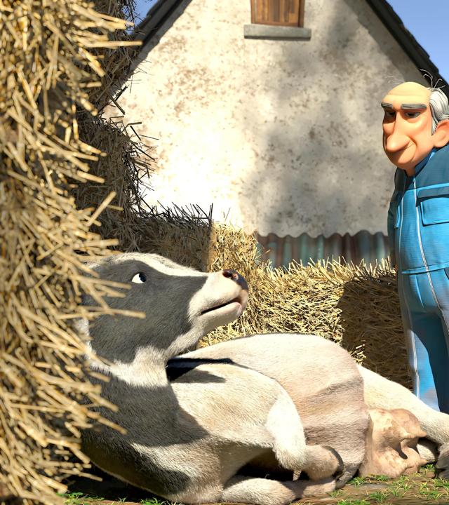 Vor Bauer Ludwigs Scheune: Bauer Ludwig, Herr Sharif, der Papa von Lina, Kleiner Fuß, Lina, Bohnenstange und Raphael stehen erwartungsvoll vor Kuh Margot, die am Boden liegt und hoffentlich bald kalben wird.