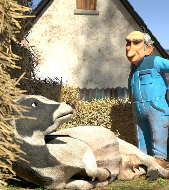 Vor Bauer Ludwigs Scheune: Bauer Ludwig, Herr Sharif, der Papa von Lina, Kleiner Fuß, Lina, Bohnenstange und Raphael stehen erwartungsvoll vor Kuh Margot, die am Boden liegt und hoffentlich bald kalben wird.