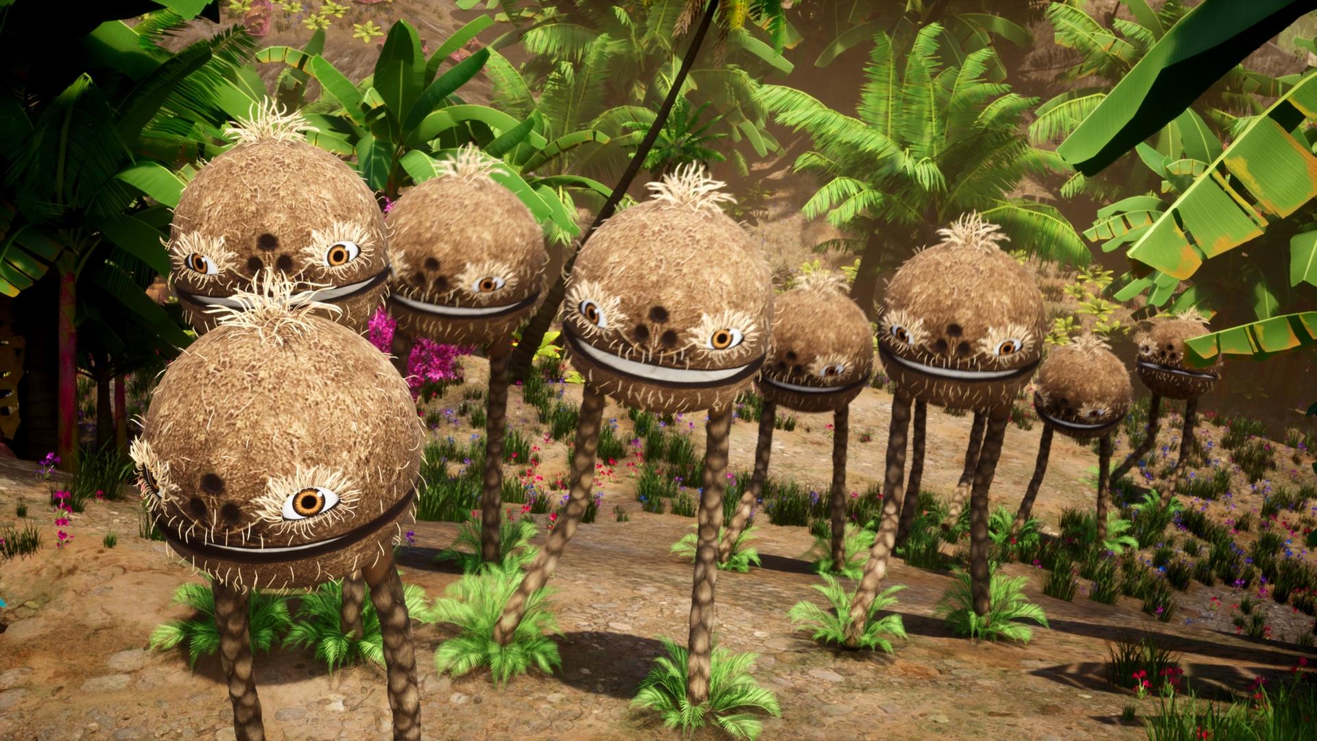 Sieben Kokosnüsse mit Gesichtern und mit langen Beinen, sogenannte Kokosnussodons, wandern einen kleinen Hang hoch. Die Kamera schaut von oben. Im Hintergrund sind Palmen zu sehen. Die Kokosnussodons haben weit aufgerissene Augen.