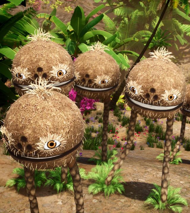 Sieben Kokosnüsse mit Gesichtern und mit langen Beinen, sogenannte Kokosnussodons, wandern einen kleinen Hang hoch. Die Kamera schaut von oben. Im Hintergrund sind Palmen zu sehen. Die Kokosnussodons haben weit aufgerissene Augen.