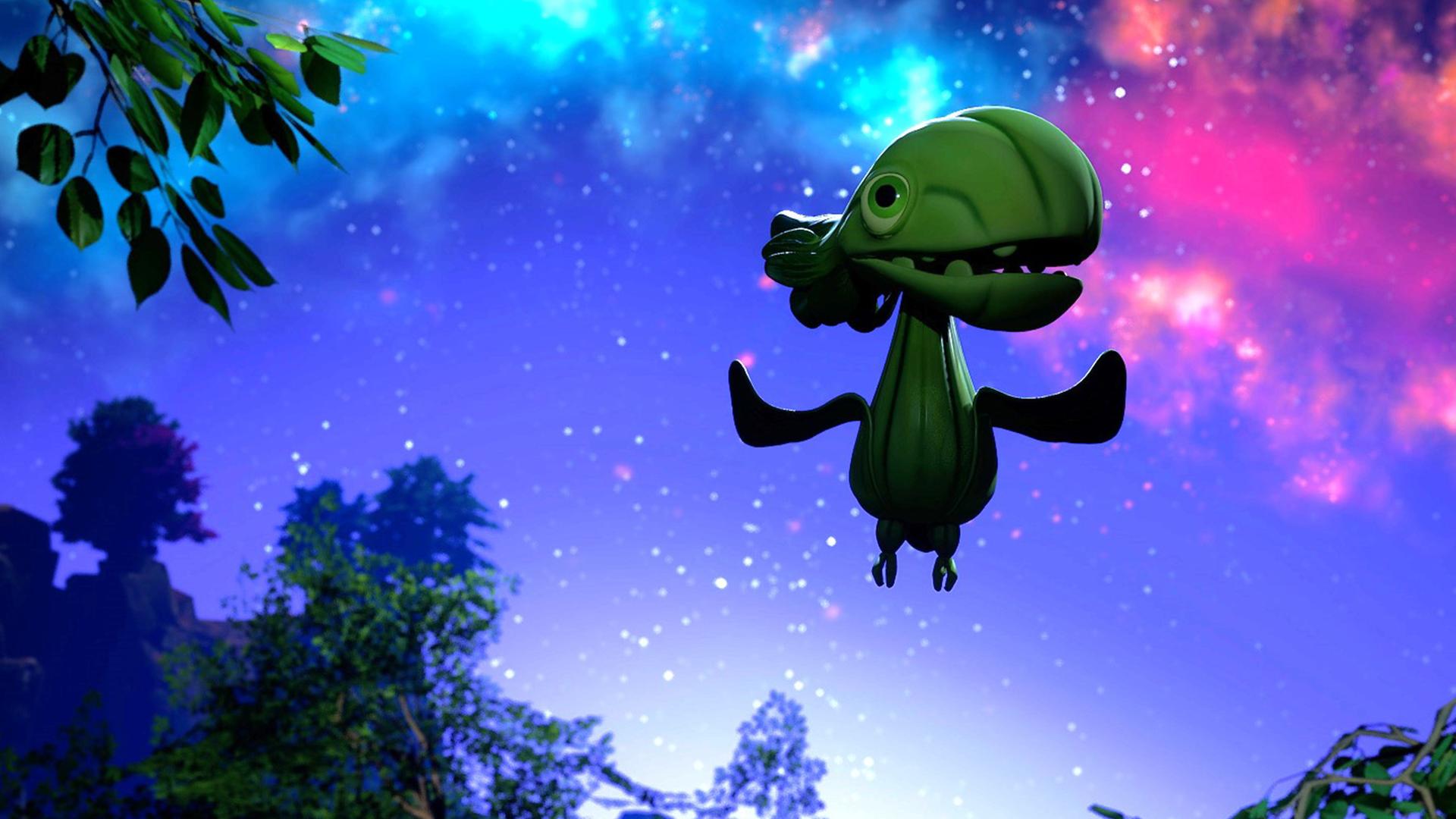 Der Nachthimmel leuchtet in türkis und pink. Der kleine Pakchoidactylus, der sonst Angst im Dunkeln hat, fliegt glücklich hoch oben.