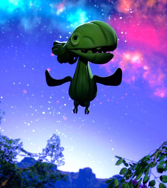 Der Nachthimmel leuchtet in türkis und pink. Der kleine Pakchoidactylus, der sonst Angst im Dunkeln hat, fliegt glücklich hoch oben.