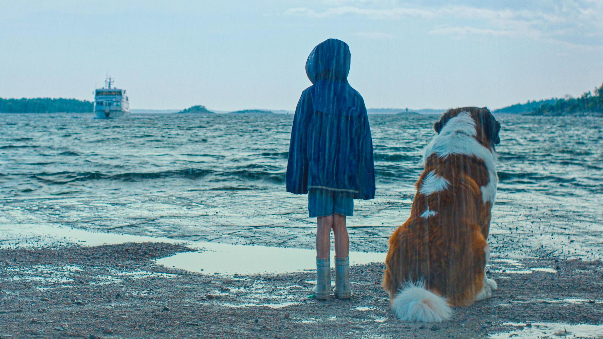 Tjorven steht am Ufer, daneben sitzt ihr Hund Bootsmann, beide sind nur von hinten zu sehen. Vor ihnen erstreckt sich ein weitläufiges, leicht aufgewühltes Gewässer unter einem bewölkten Himmel. Etwas weiter draußen fährt ein weißes Schiff, das sich von ihnen entfernt. Der Himmel ist grau-blau, stellenweise von Wolken bedeckt. An der Seite steht ein einfaches Holzgestell mit einem Schild, auf dem "Saltkråkan" steht.