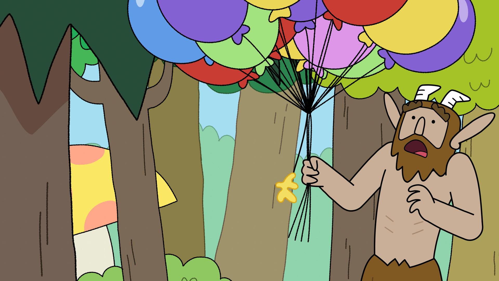 Mitten im Magic Forest steht Hufius, der Faun, mit vor Schreck aufgerissenem Mund. In seiner rechten Hand hält er die Schnüre von dreißig bunten Luftballons. Allerdings baumelt eine Schnur mit dem kaputten Überbleibsel eines gelben Ballons herunter.