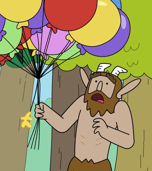 Mitten im Magic Forest steht Hufius, der Faun, mit vor Schreck aufgerissenem Mund. In seiner rechten Hand hält er die Schnüre von dreißig bunten Luftballons. Allerdings baumelt eine Schnur mit dem kaputten Überbleibsel eines gelben Ballons herunter.