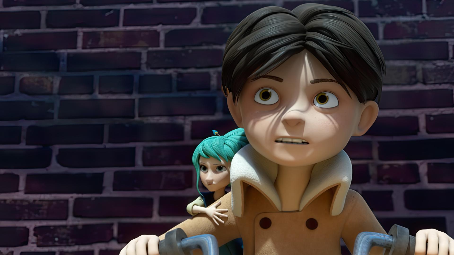 Klincus sitzt auf einem Schneemobil. Er hält sich mit beiden Händen krampfhaft am Lenker fest. Sein Blick geht verängstigt nach oben. Die winzige Frondosianerin Glyn sitzt auf seiner rechten Schulter und hält sich an seinem Oberarm fest. Sie schaut ebenfalls verängstigt nach vorne. Hinter ihnen befindet sich eine Steinmauer.