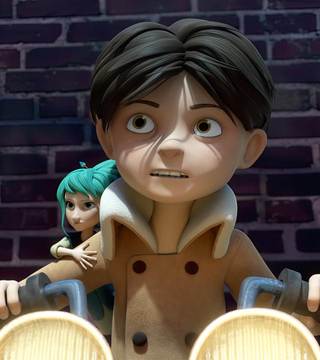 Klincus sitzt auf einem Schneemobil. Er hält sich mit beiden Händen krampfhaft am Lenker fest. Sein Blick geht verängstigt nach oben. Die winzige Frondosianerin Glyn sitzt auf seiner rechten Schulter und hält sich an seinem Oberarm fest. Sie schaut ebenfalls verängstigt nach vorne. Hinter ihnen befindet sich eine Steinmauer.