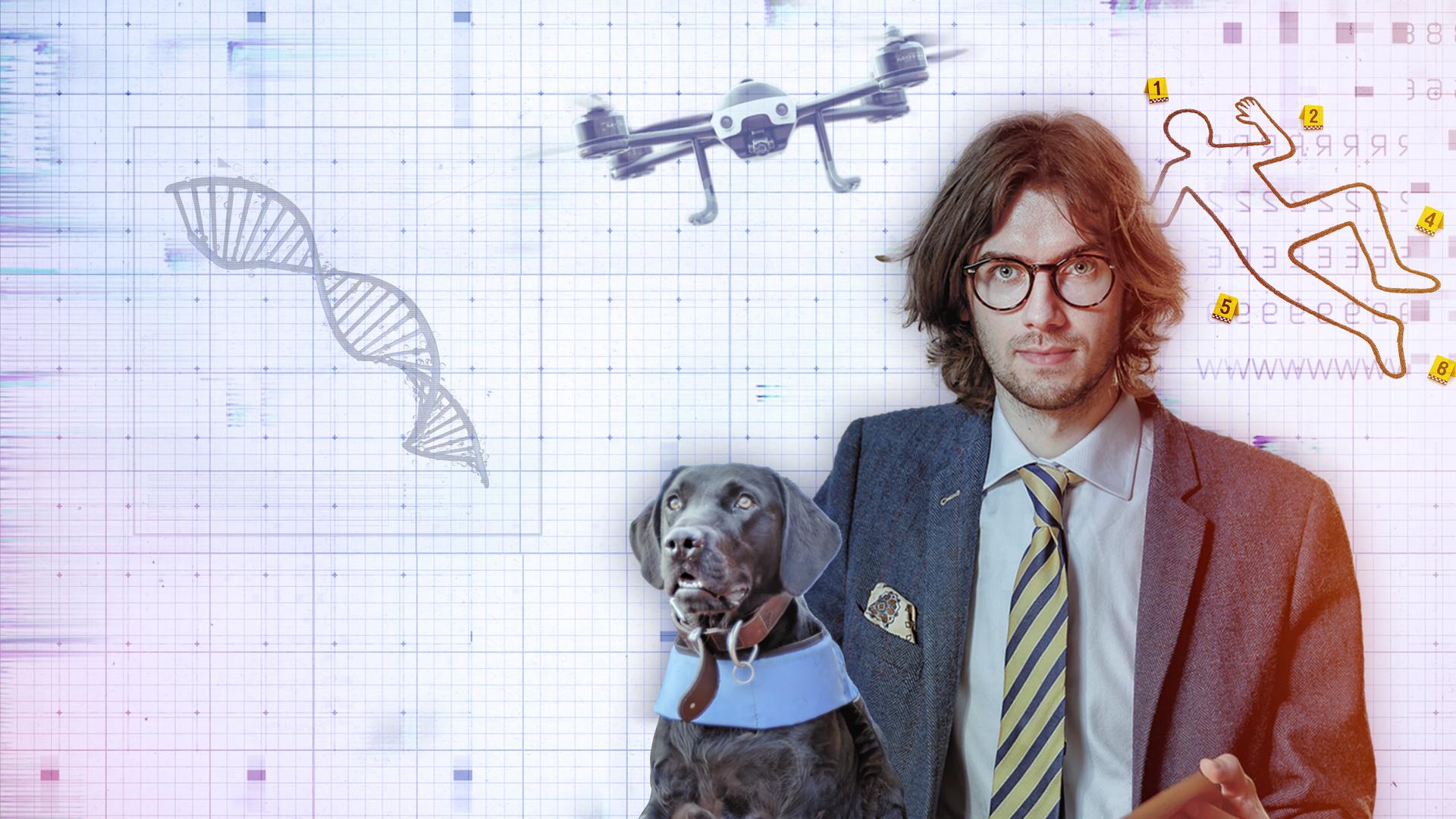 Ein junger Mann mit Brille, Kravatte und Tweed-Jackett, daneben ein brauner Hund im Arbeitsgeschirr. Im Hintergrund der auf den Boden gezeichnete Umriss eines Toten, eine stilisierte DNA-Helix und eine Drohne im Flug.