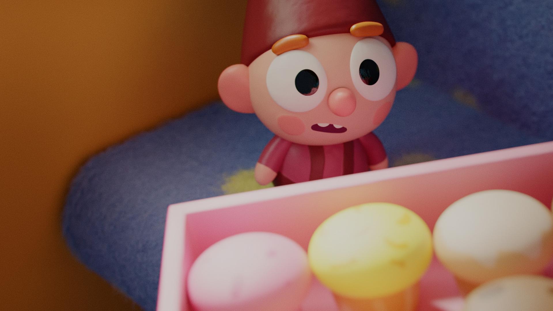 Der kleine Wichtel Bob trägt eine rote Zipfelmütze und schaut mit seinen kugelrunden Augen auf eine Schachtel voller bunter Muffins. Seine Wangen sind rosig und sein Blick ist voller Staunen.